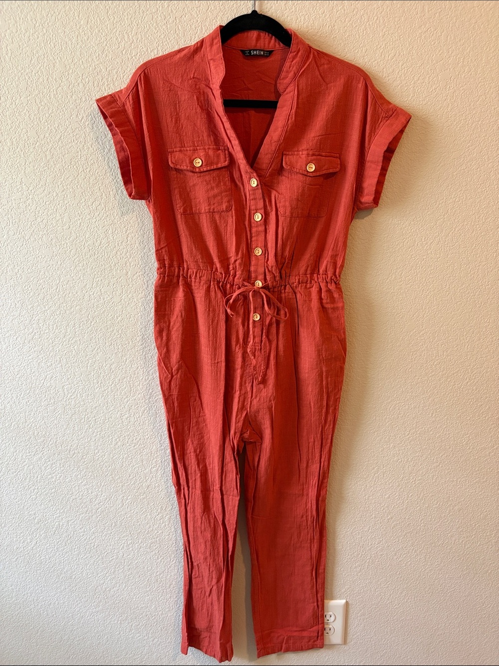 Burnt Orange Button-Front Jumpsuit with Drawstring Waist
